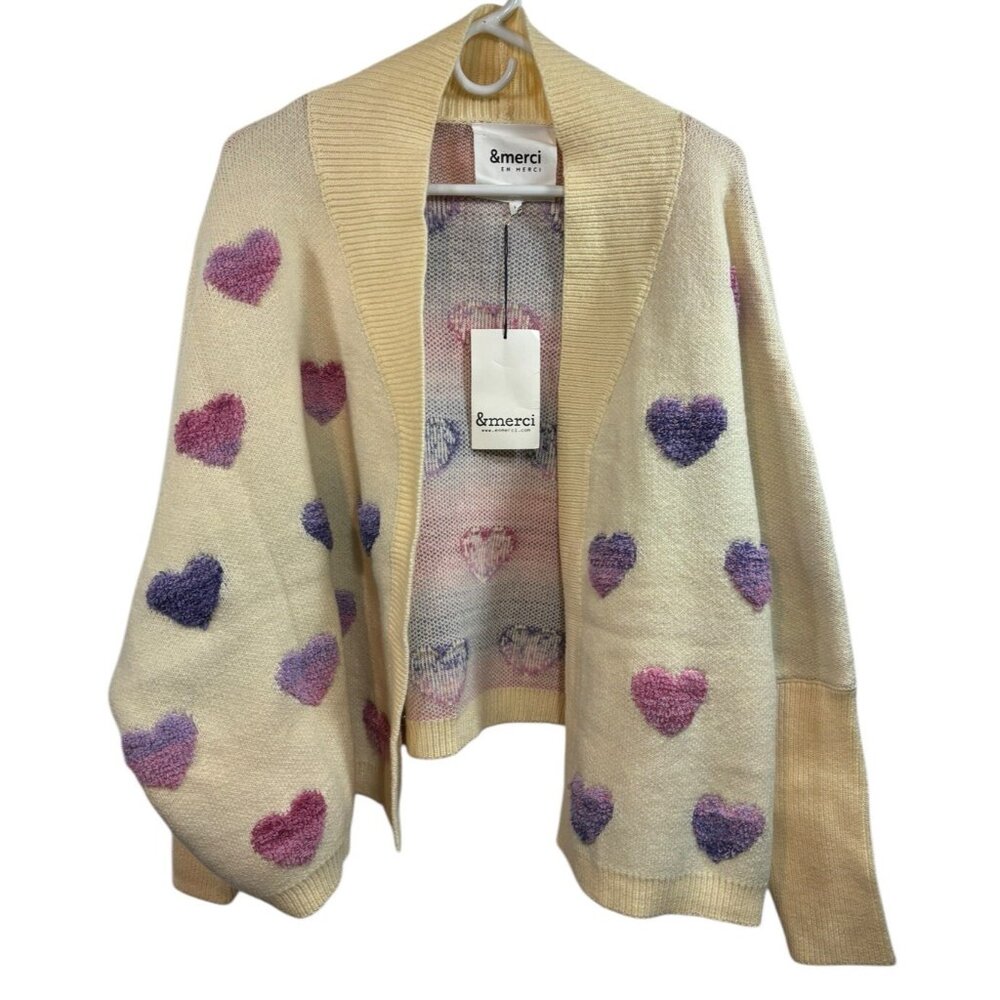 NWT &merci Cardigan Womens Large Puffy Hearts Open Front Thick Batwing Sleeves